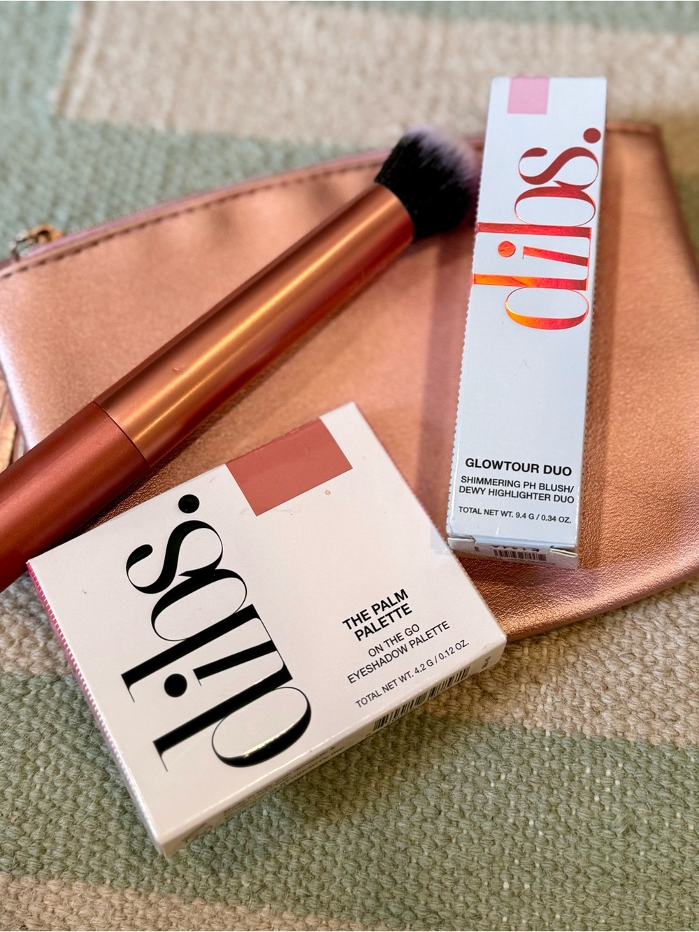 dibs. GlowTour Duo & The Palm Eyeshadow Palette & brush and makeup bag